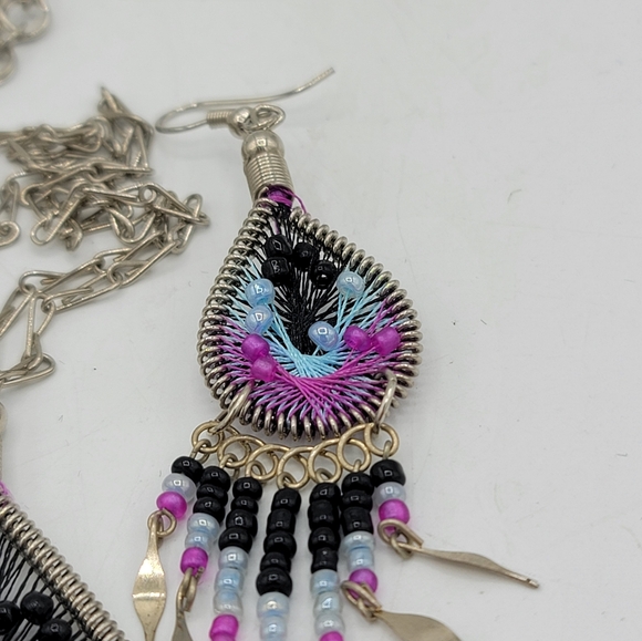 Boho Thread Art Necklace & Earrings Set Beaded Fringe Festival Jewelry Vintage - Picture 10 of 14
